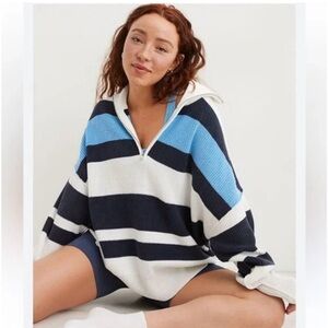 Aerie Oversized Blue & White Striped Quarter Zip Sweater